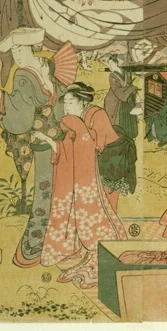 赤い花柄の着物の女性