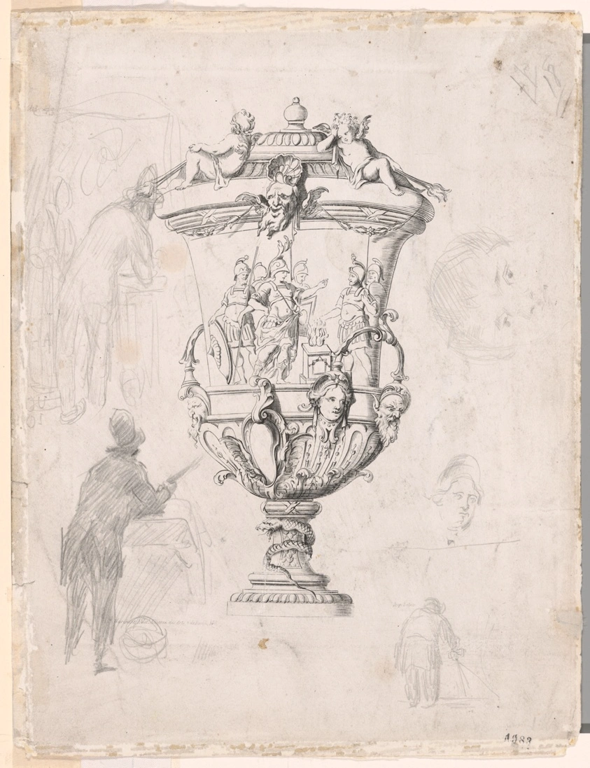 Figure Studies Around an Engraving of an Ornamental Vase
