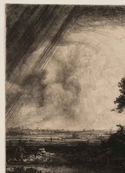 左側の激しい嵐の雲と雨