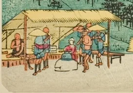 茶屋の前に集まる人々