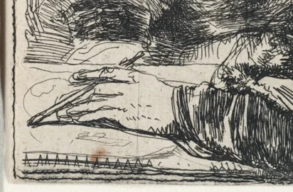 描画するレンブラントの手