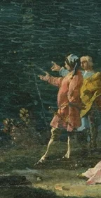 指を指す赤い服の男